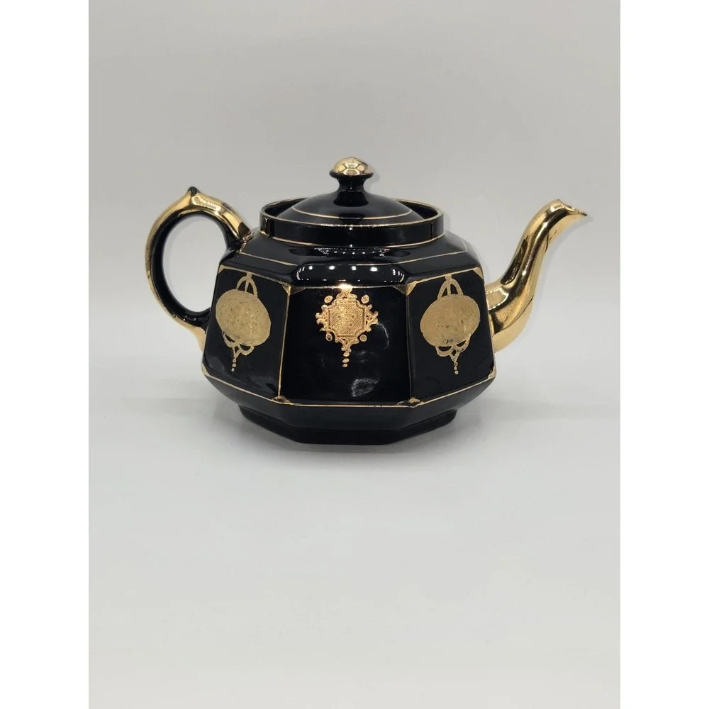 Gibson & Sons Black Celt Teapot Gold Transferware Burslem England Octagonal